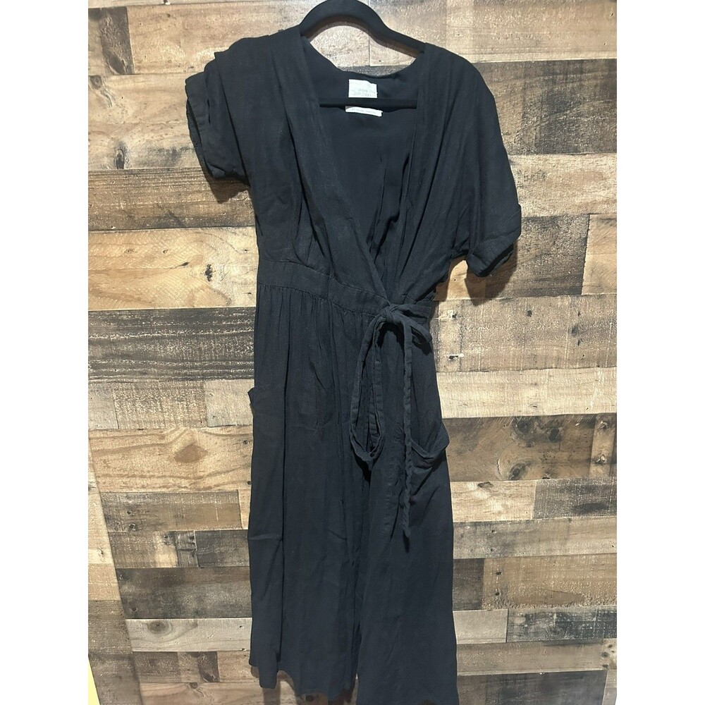 Urban Outfitters Gabrielle Linen Midi Wrap Dress Black Size Small